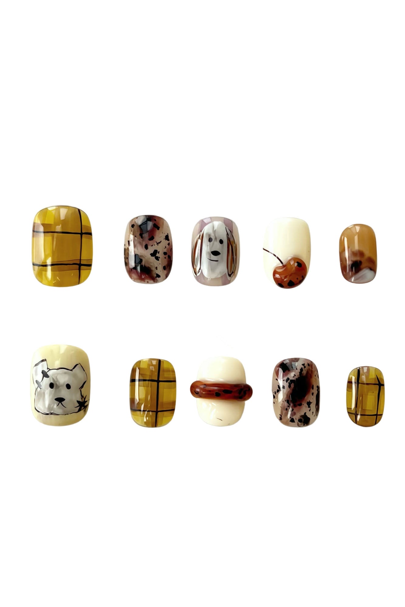 Brown plaid and puppy doodle press-on nails with cherry accents – Sketchy Puppy by Momento