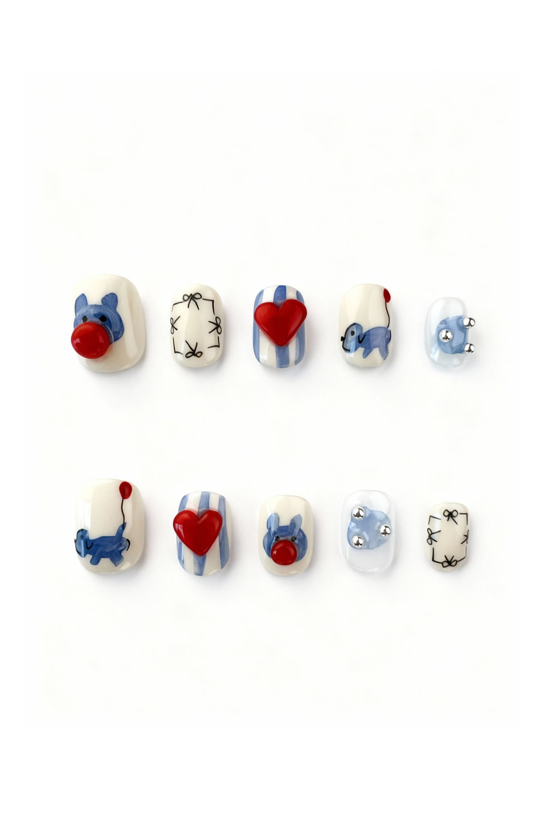 Balloon Buddy cartoon puppy press-on nail set with red heart and blue accents