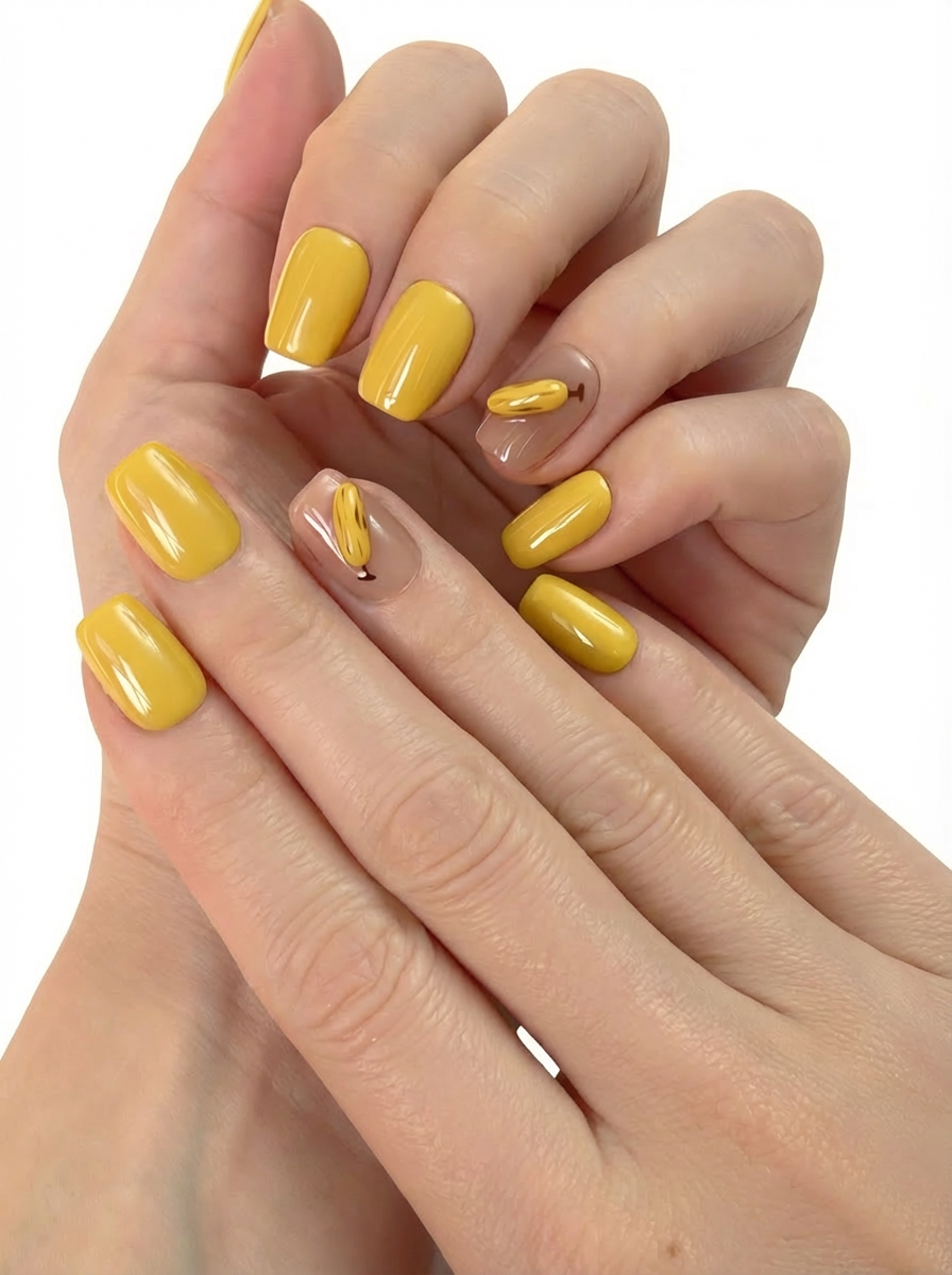 Hand wearing Banana Pop yellow press-on nails with 3D banana accent