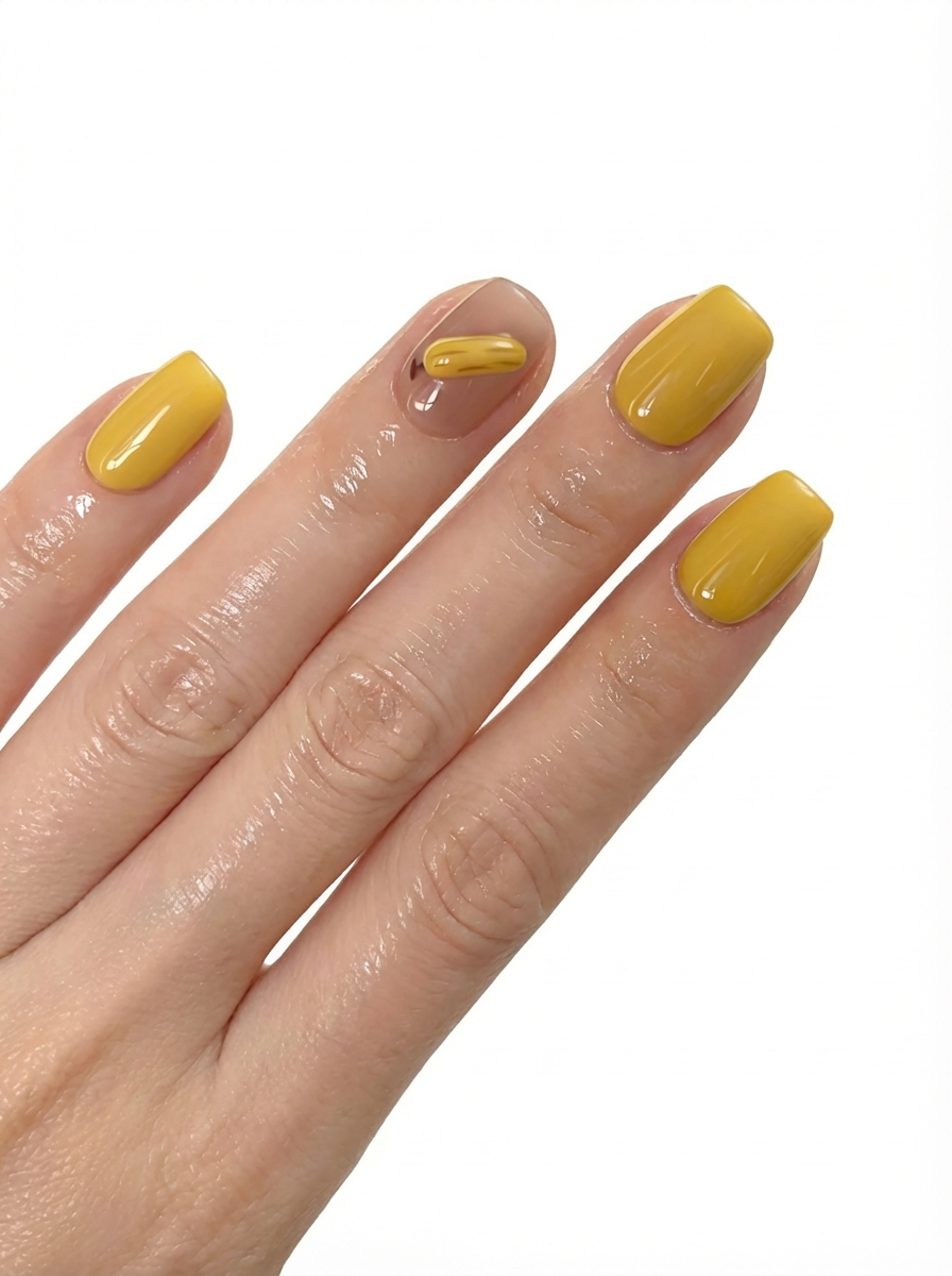 Single hand wearing Banana Pop yellow press-on nails with 3D banana detail