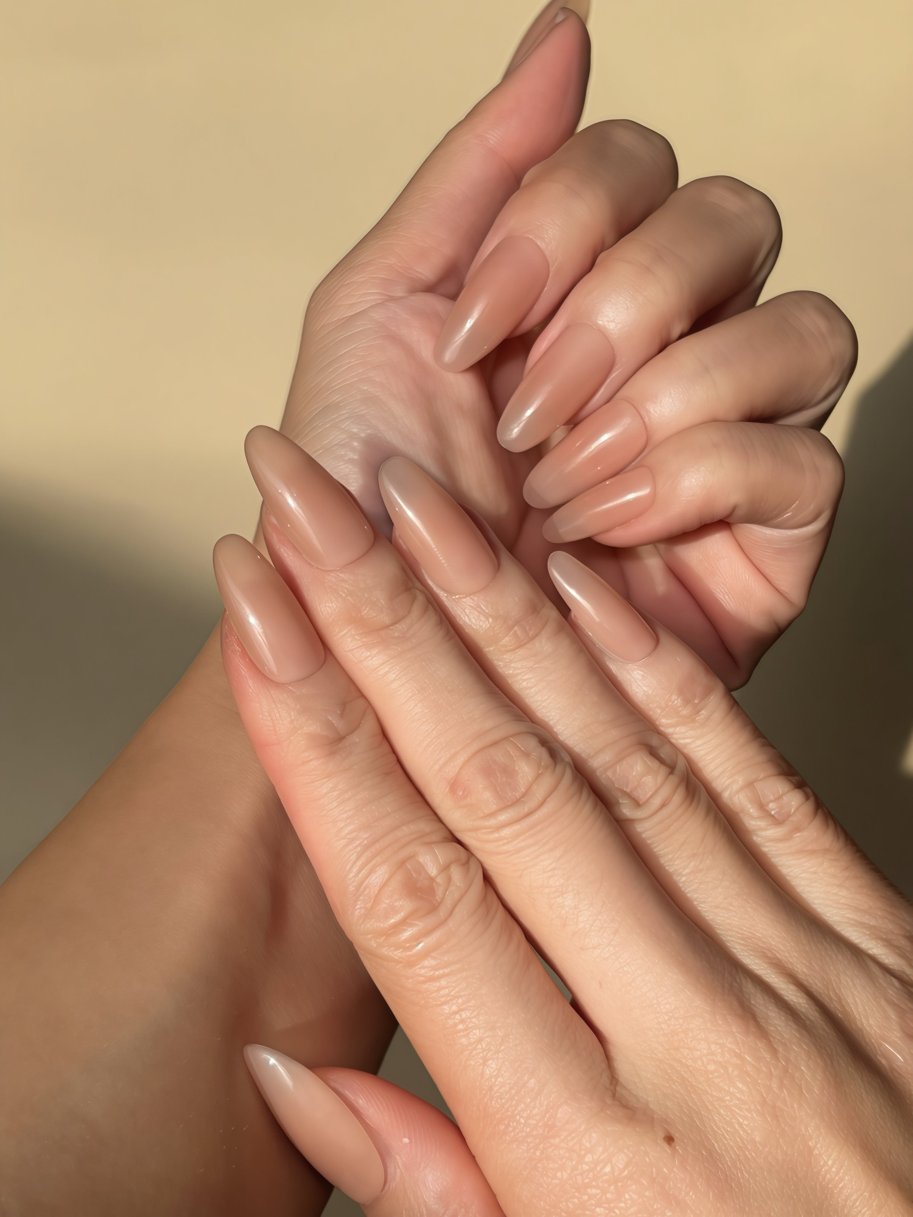Bare Eternity nude oval press-on nails shown on both hands in natural sunlight
