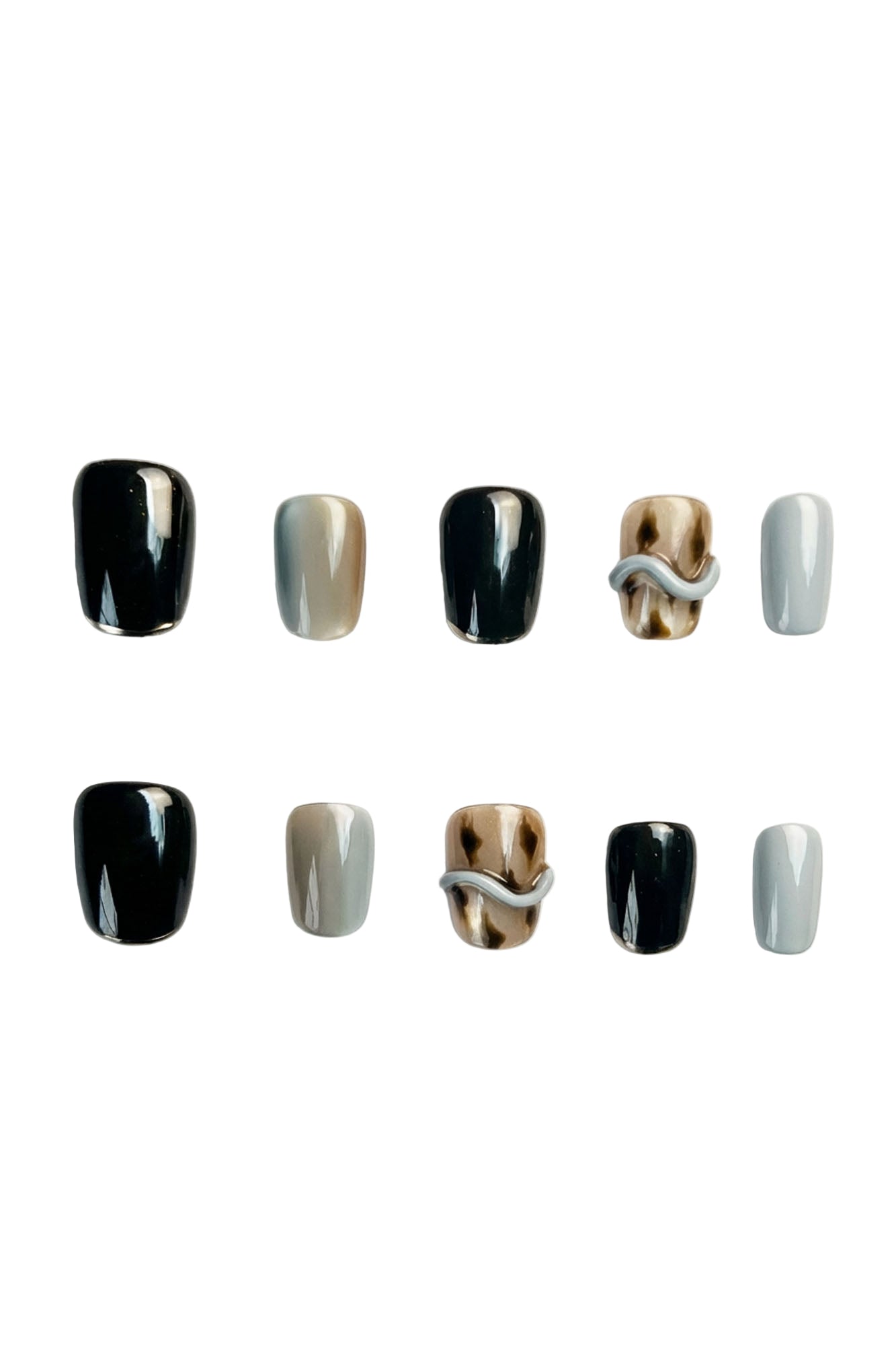 Black and taupe press on nails with metallic 3D twist detail — minimalist neutral nail stick ons, modern square stick on nails UK