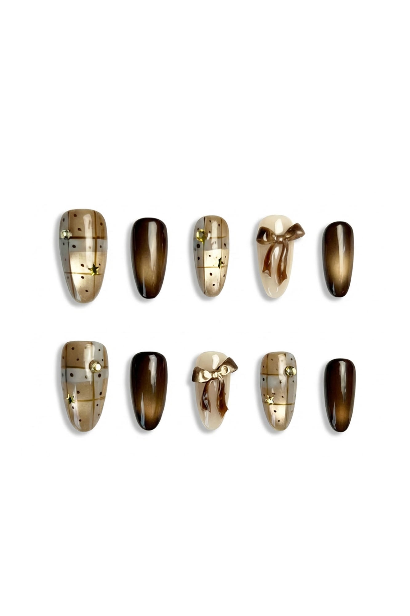Cocoa Giftbox brown Christmas press-on nails with cat-eye gradient, 3D bow design, and festive giftbox pattern — elegant winter manicure UK