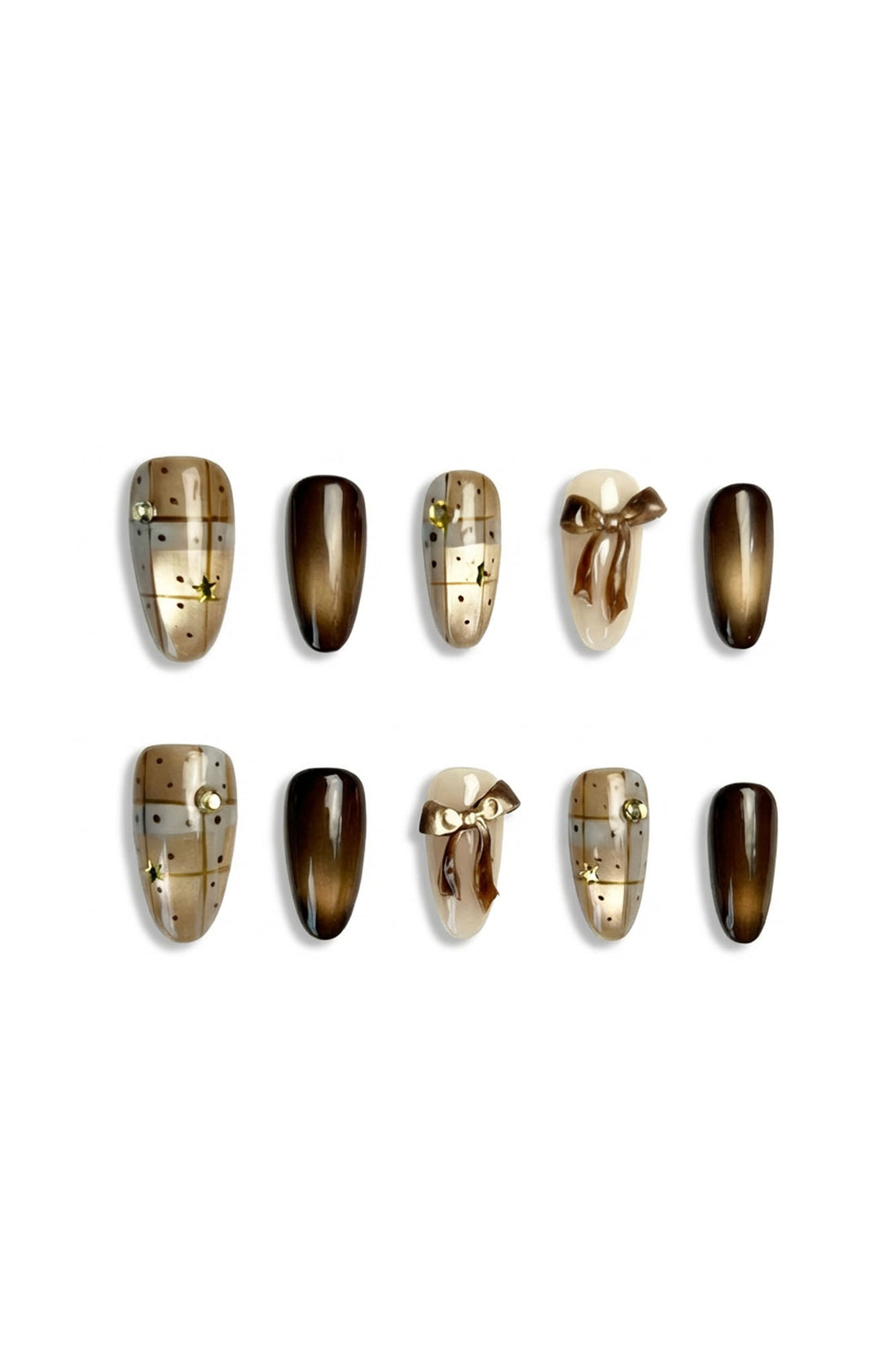 Cocoa Giftbox brown Christmas press-on nails with cat-eye gradient, 3D bow design, and festive giftbox pattern — elegant winter manicure UK