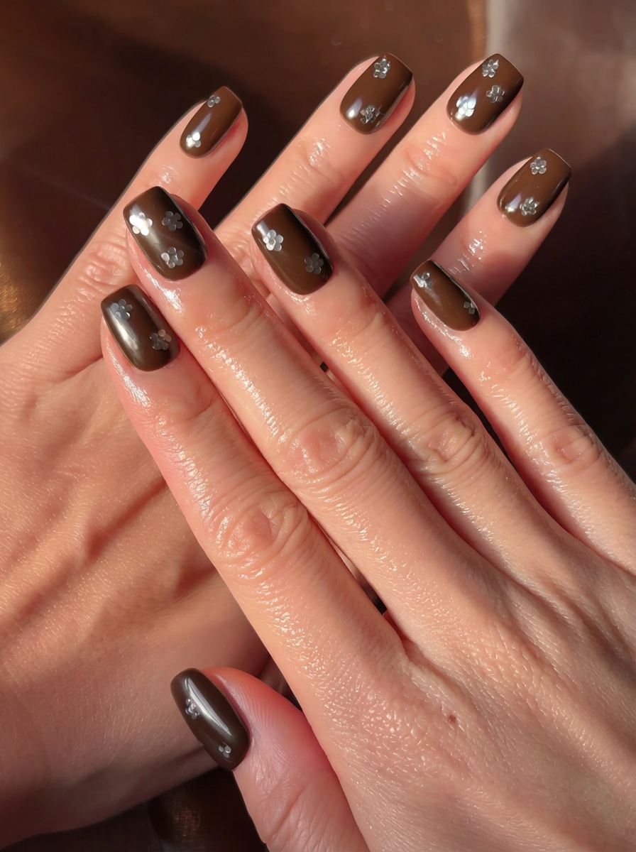 Hand wearing Cocoa Petals brown press-on nails with silver petal accents
