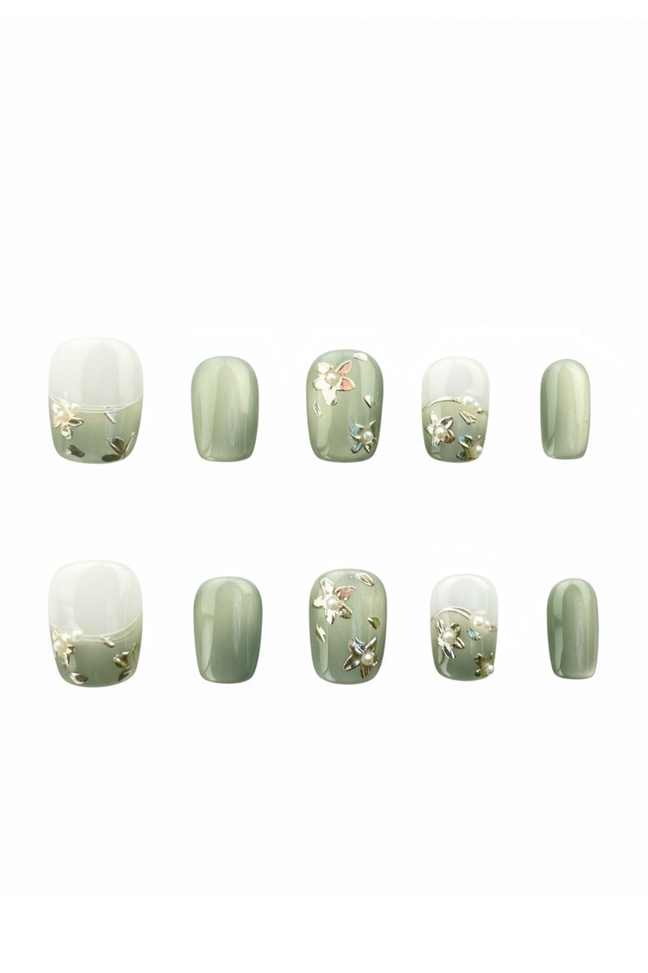 Dewy Blossom green and white floral press-on nails with gold details, square shape 16mm