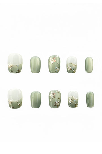 Dewy Blossom green and white floral press-on nails with gold details, square shape 16mm