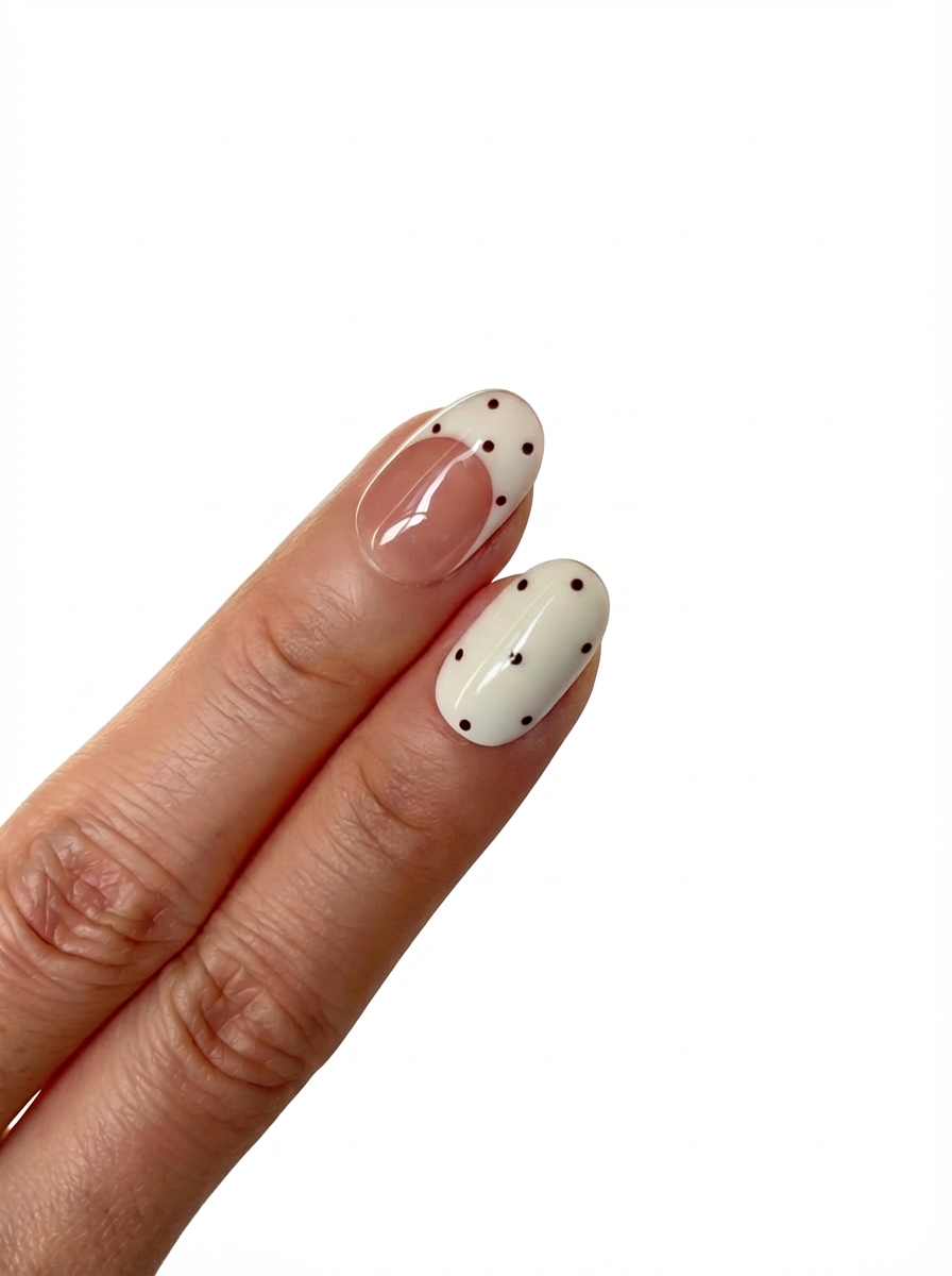 Close-up of Dotting Audrey press-on nails with vintage nude and white polka dot design
