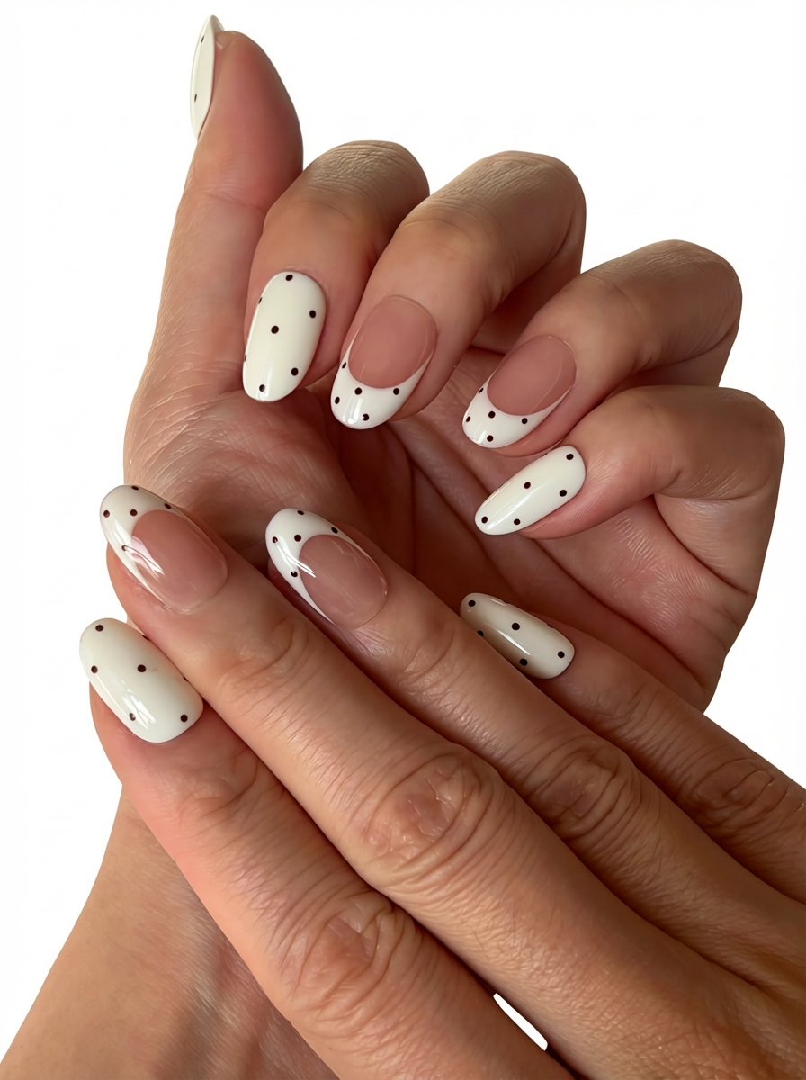 Model wearing Dotting Audrey nude and white polka dot oval press-on nails