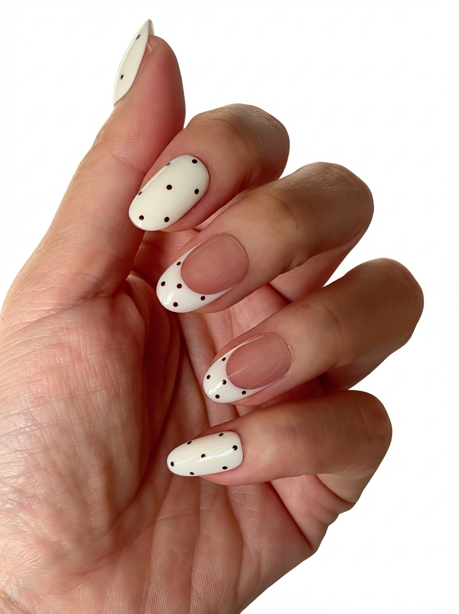 Hand pose showing Dotting Audrey vintage nude and white polka dot press-on nails