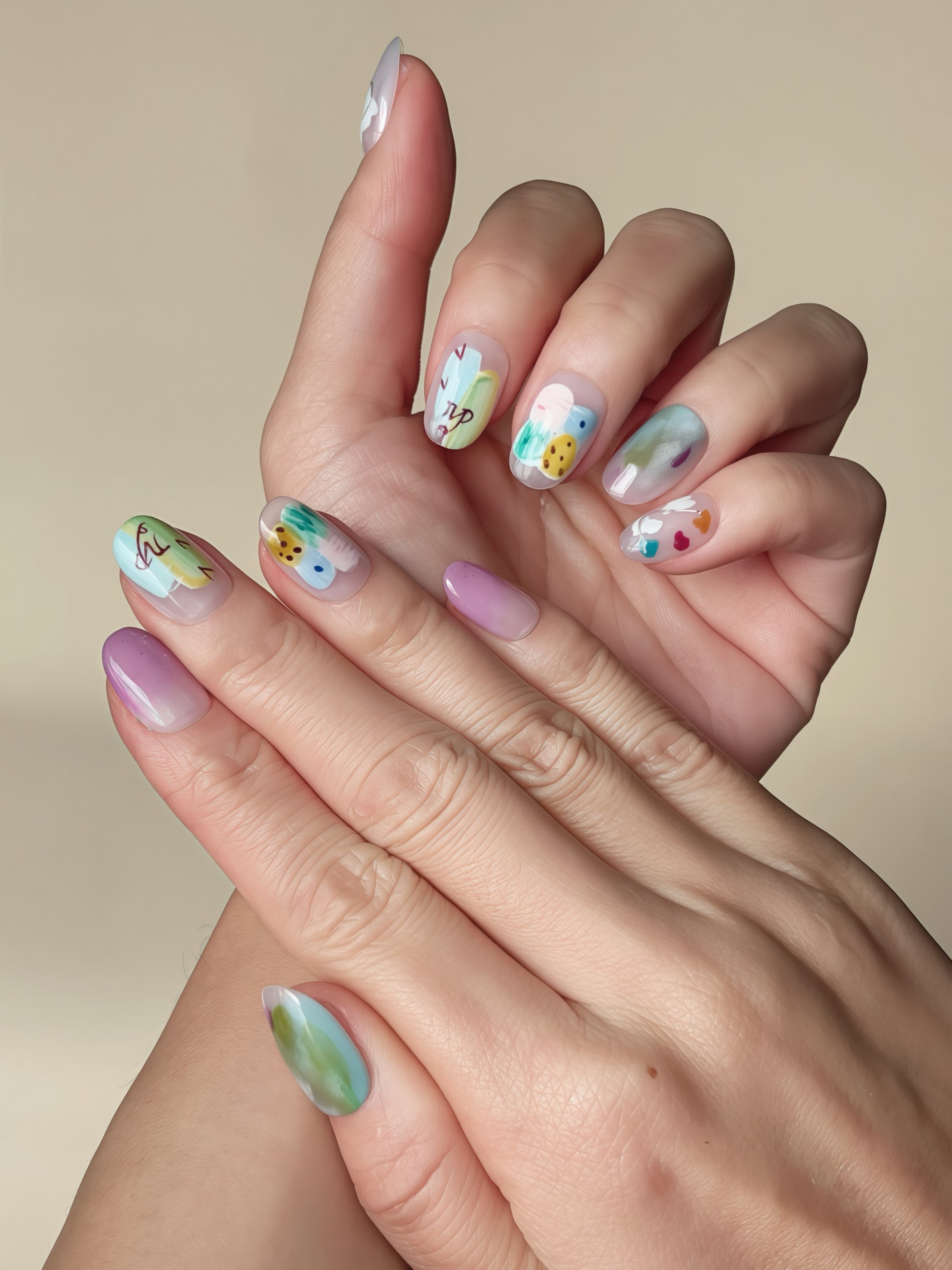 Hand pose wearing Dreamy Grove press-on nails with soft forest watercolor design