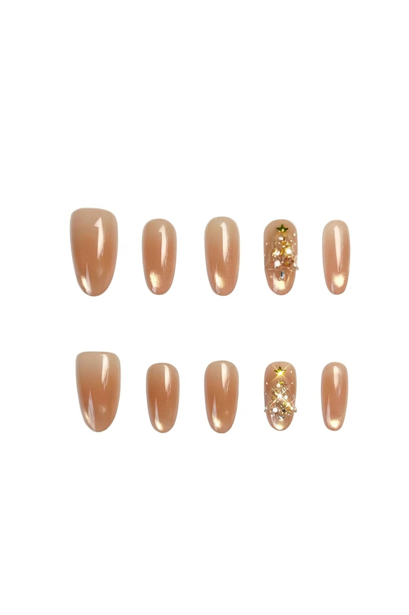Golden Fir nude-gold Christmas press-on nails with handcrafted 3D Christmas tree design, decorated with gems and micro-pearls — festive winter nail set.
