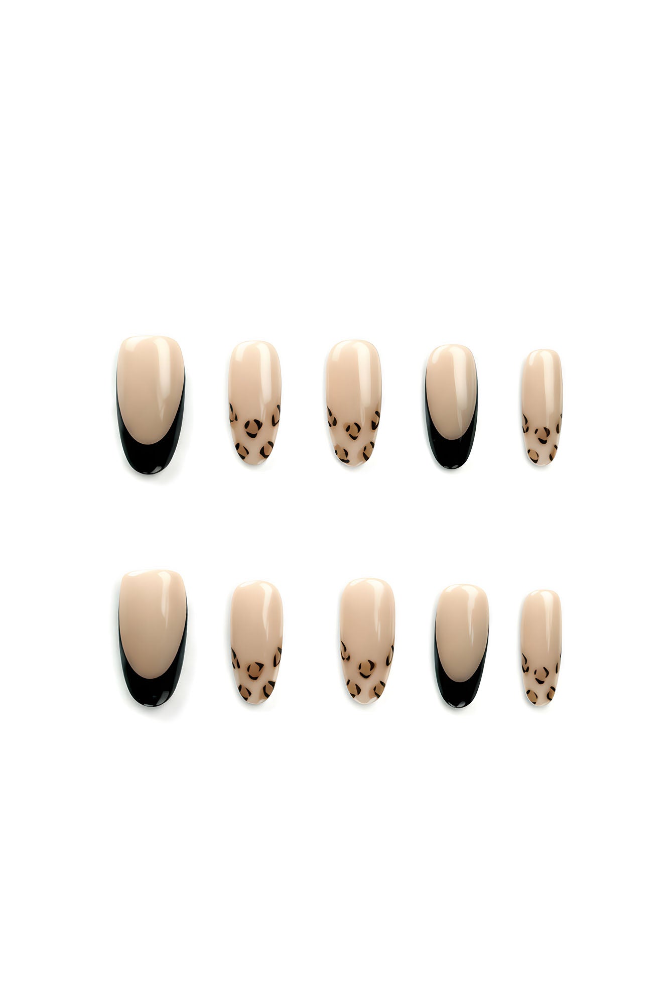 Midnight Temptation press-on nails flatlay — nude base with black French tips and hand-painted leopard accents by Momento.