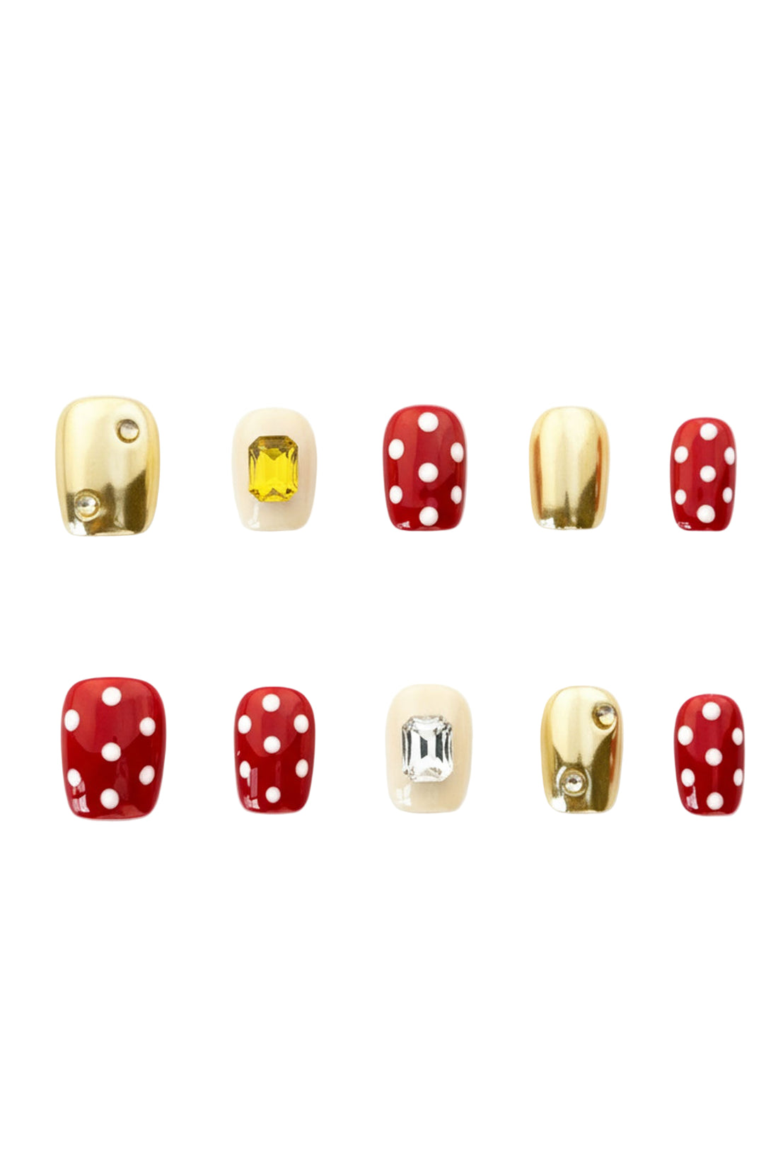 Berry Dots red and gold handmade press-on nails with polka dots and 3D gems — reusable nail art by Momento.