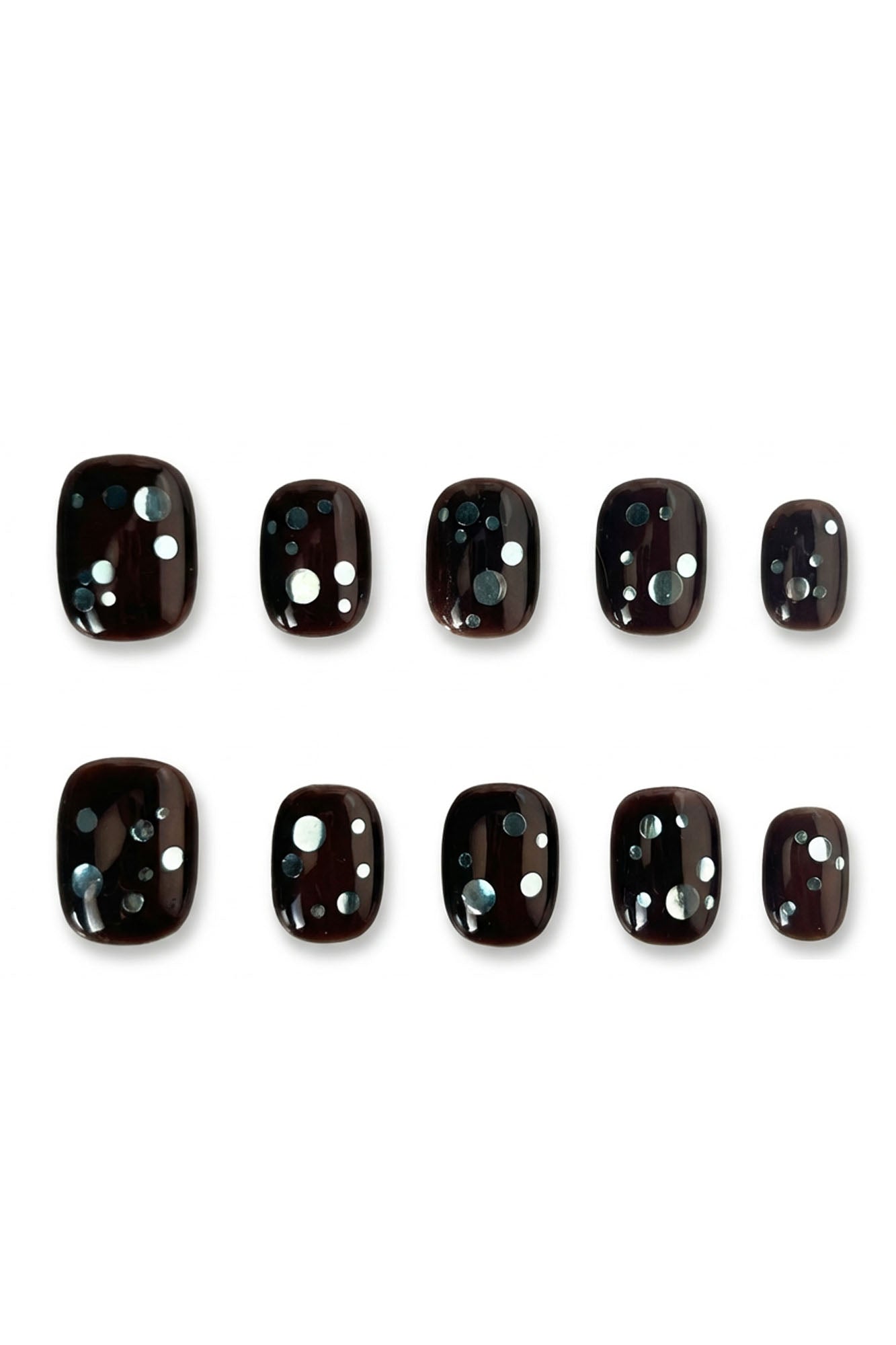 Espresso brown press-on nails with soft blueberry-toned dot details, winter neutral nail design by MOMENTO