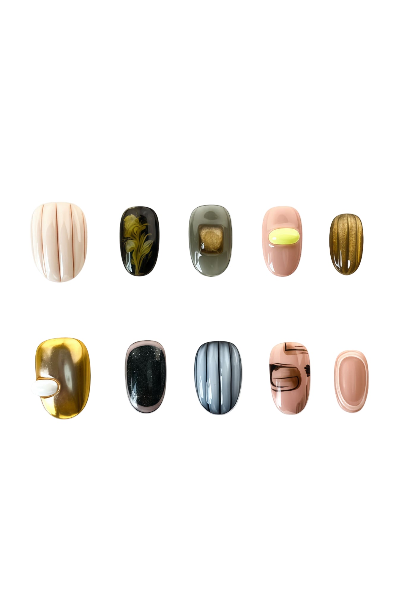 Momento Flowing Dawn press-on nails set — modern autumn tones in pink, brown, gold and olive, with 3D details and abstract patterns. Stick on nails UK with oval shape.