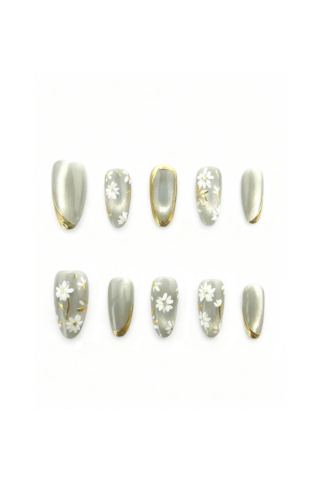 Jade Whisper jade grey press-on nails with white blossom and gold details – full nail set layout
