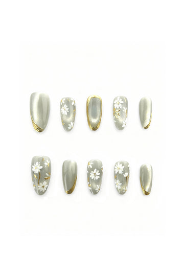 Jade Whisper jade grey press-on nails with white blossom and gold details – full nail set layout