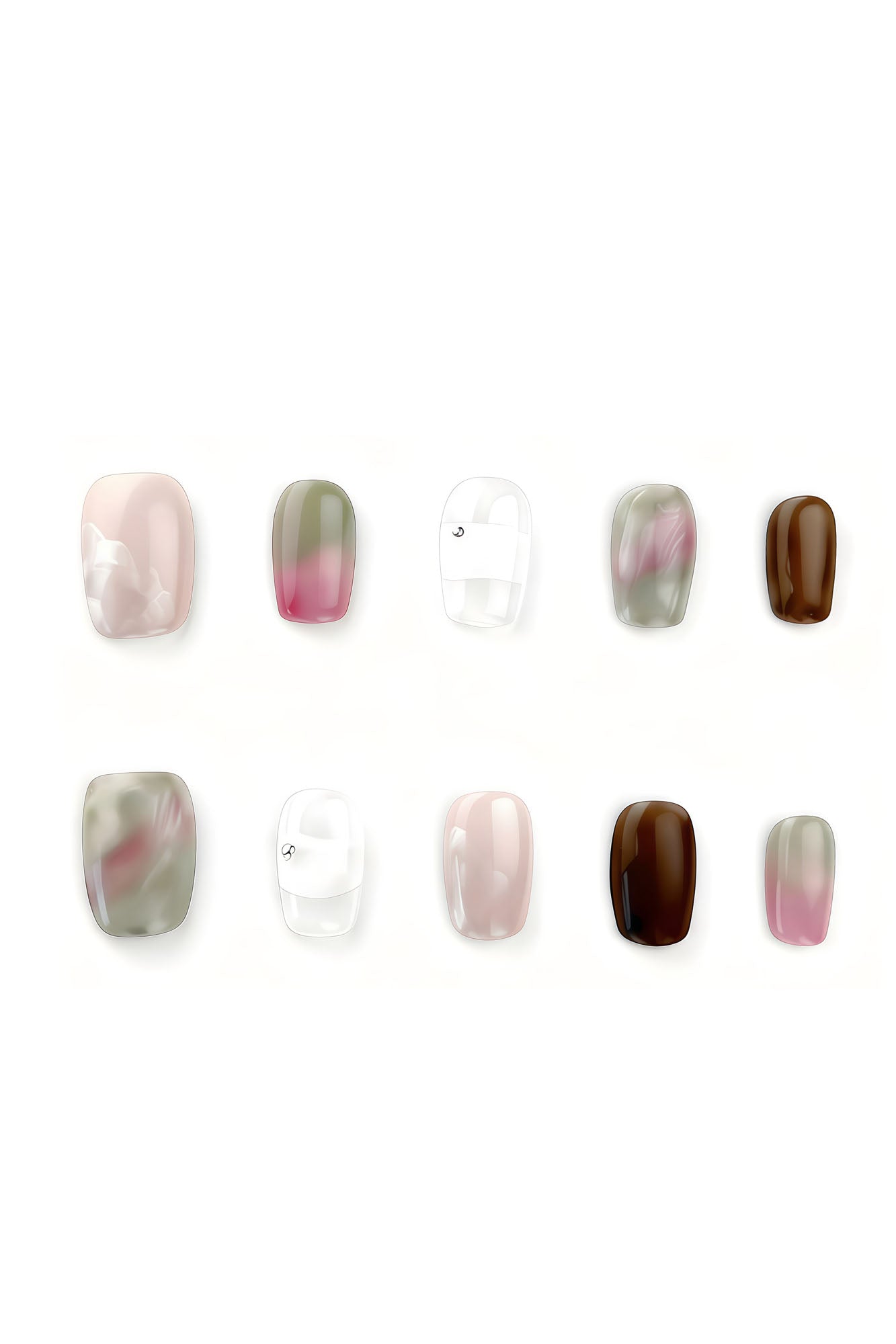 Peony Mist press-on nail set flatlay showing watercolor pink, brown, teal, and white designs by Momento Nails.