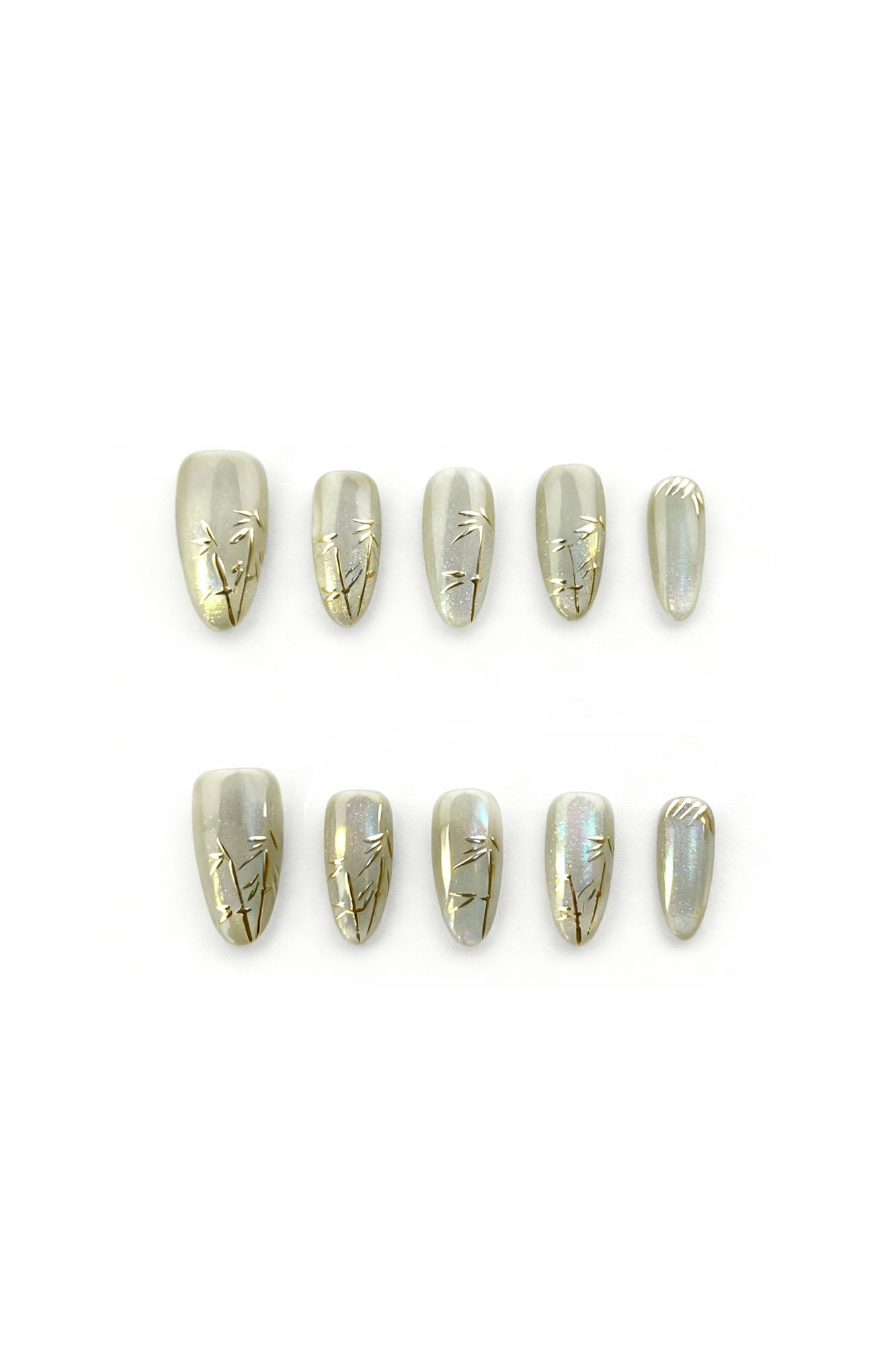 Shadow Bamboo press-on nails full set layout — pearl grey with gold bamboo accents on a clean white background.
