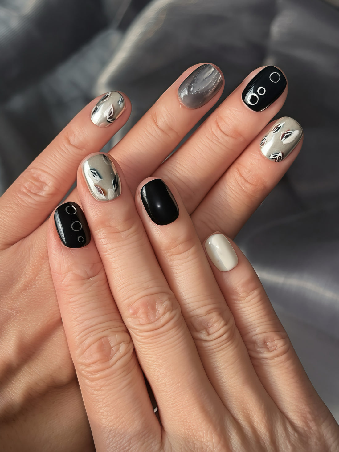 Silent Peaks black and silver chrome press-on nails product layout on white background