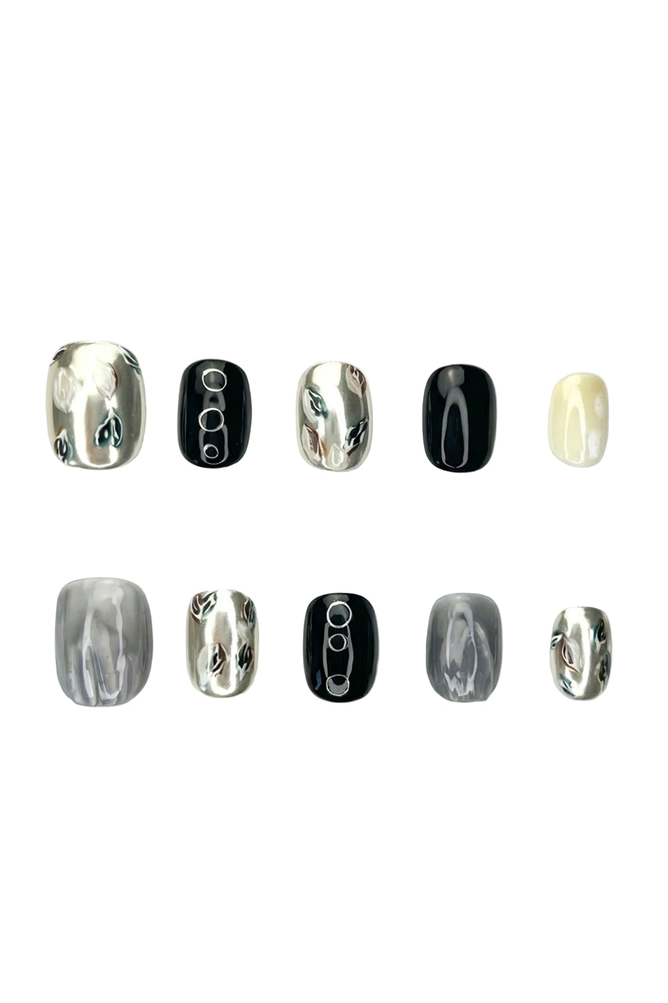 Silent Peaks black and silver chrome press-on nails product layout on white background