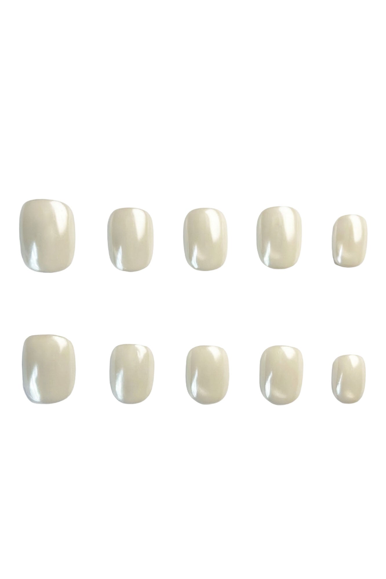 Milky white pearl press-on nails set on white background – short square shape