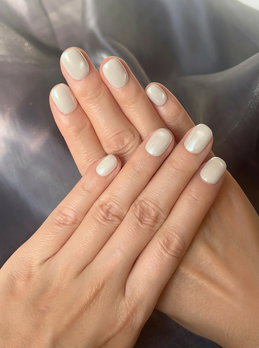 Milky white pearl press-on nails set on white background – short square shape