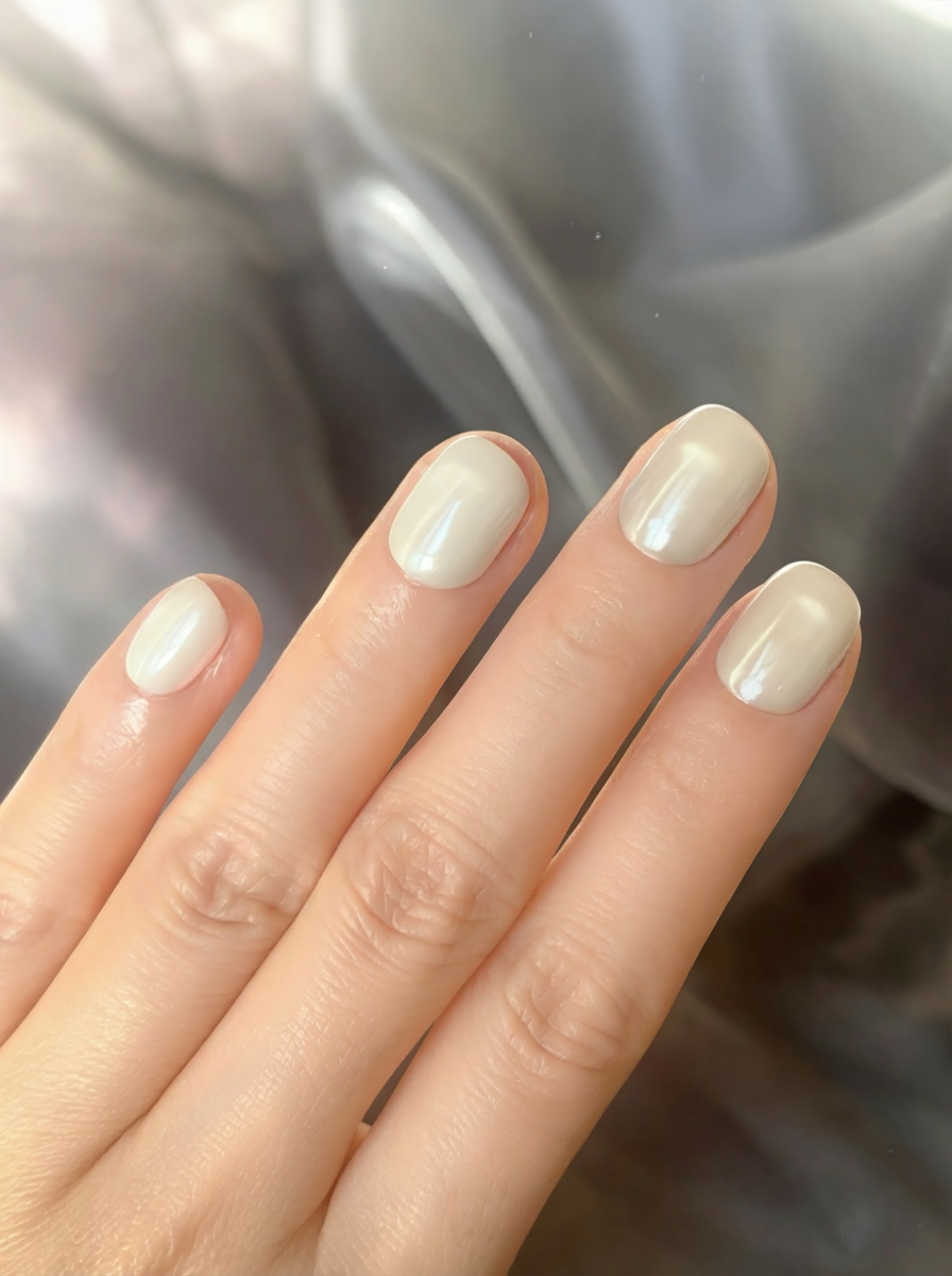 Close-up handshot of Moonlit Pearl soft milky white pearl press-on nails