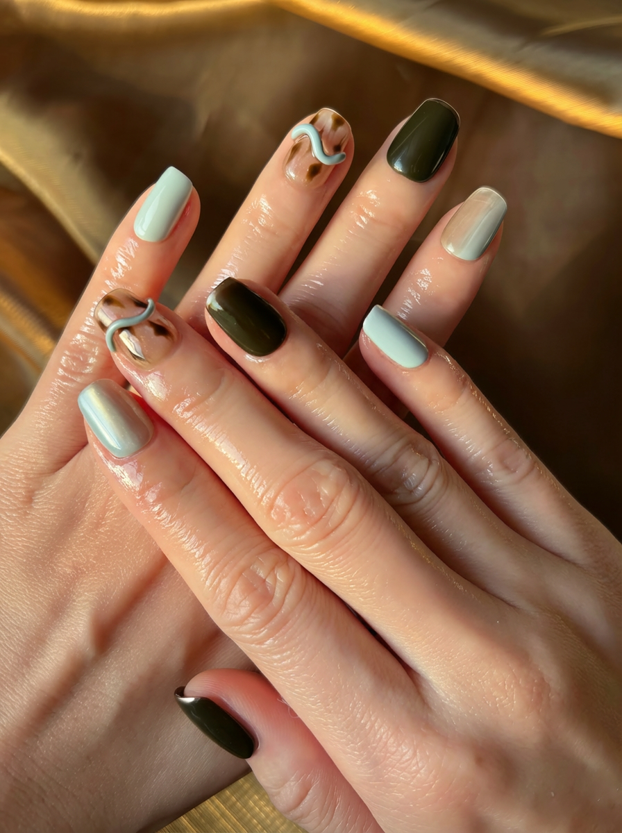 Hand wearing olive, blue, and taupe 3D wavy press on nails in warm natural light, stylish stick on nails UK.