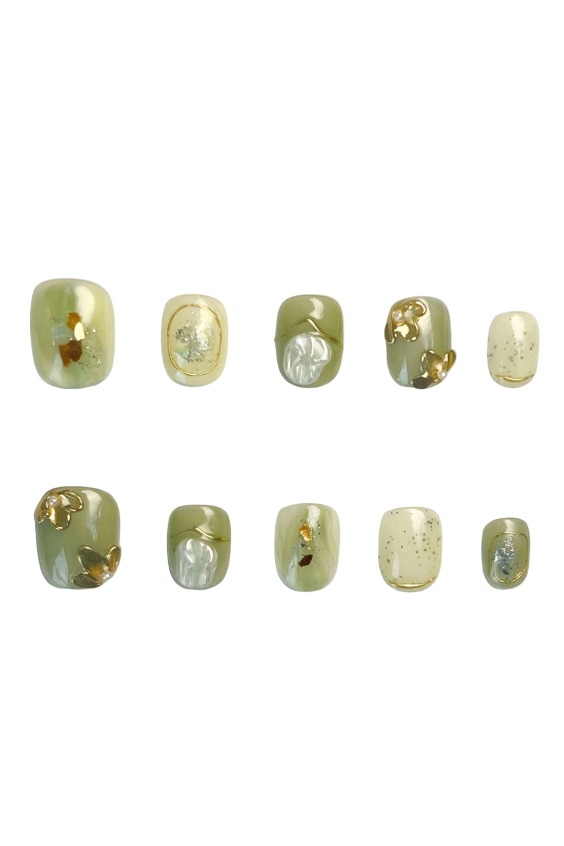 Olive gold press-on nails flatlay with pearl sheen and gold accents on white background
