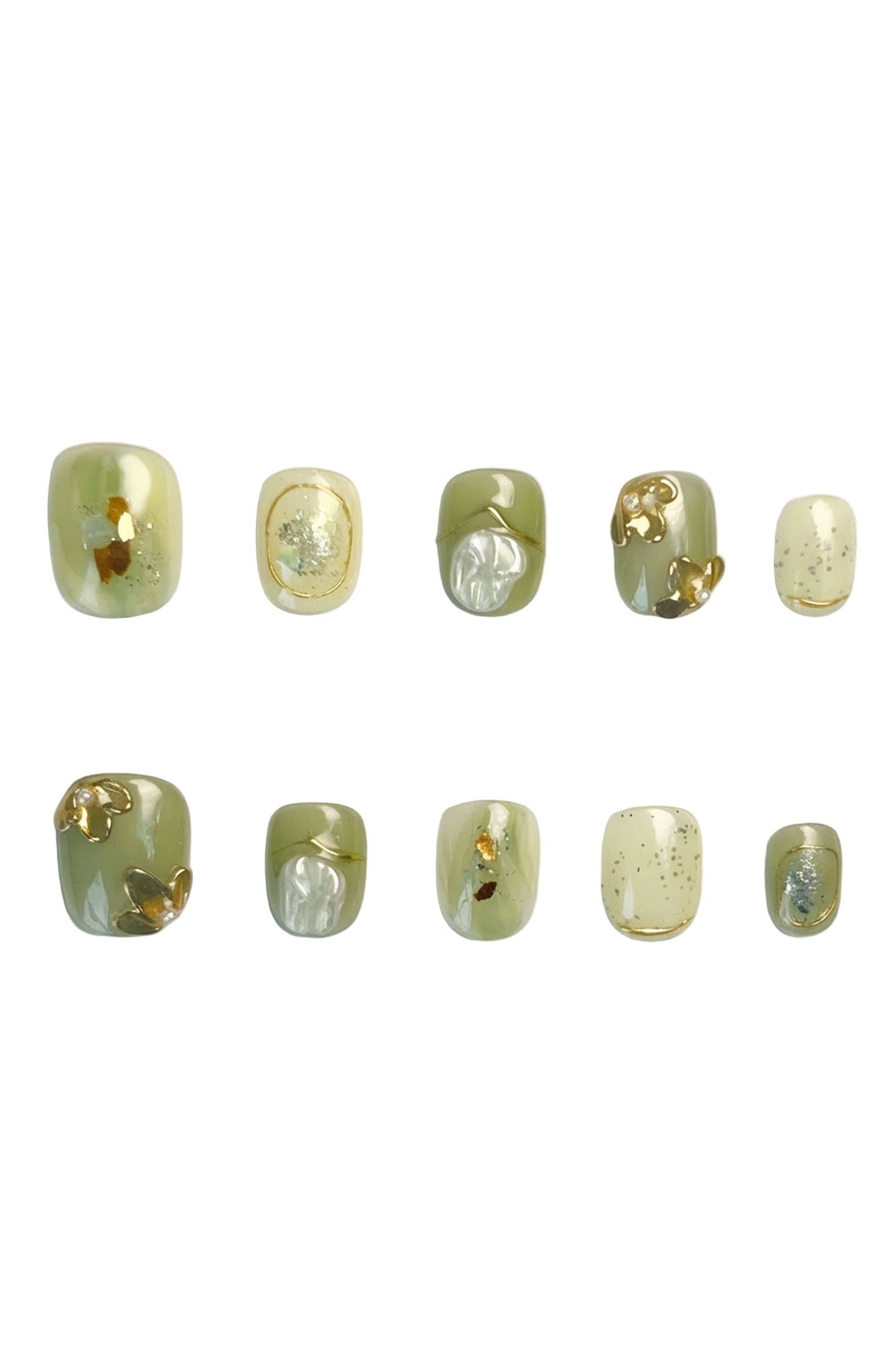 Olive gold press-on nails flatlay with pearl sheen and gold accents on white background