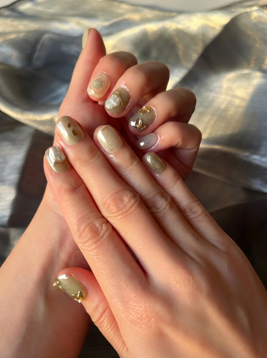Olive gold press-on nails flatlay with pearl sheen and gold accents on white background