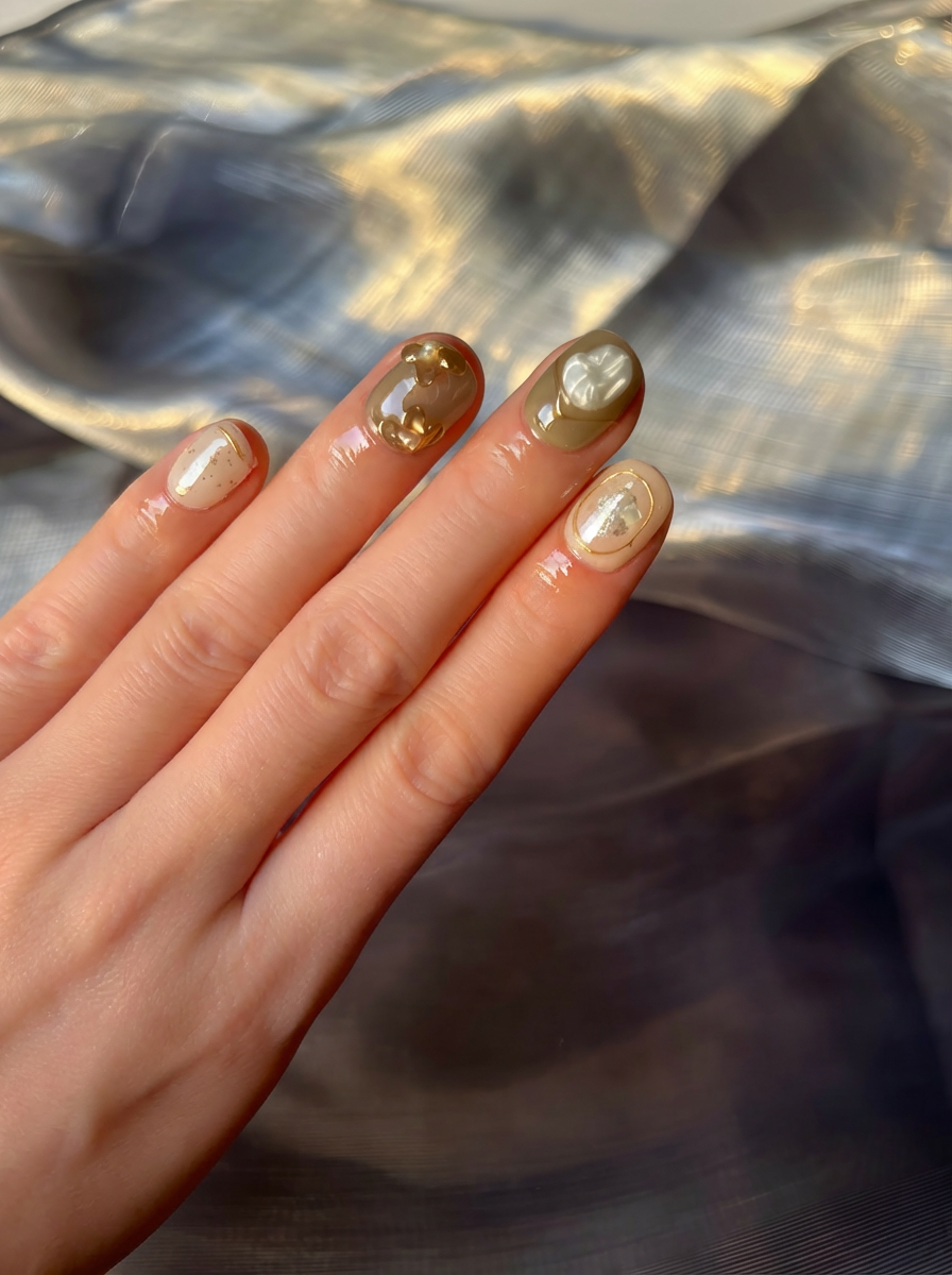 Close-up handshot of olive gold press-on nails featuring soft olive tones and shimmering gold details