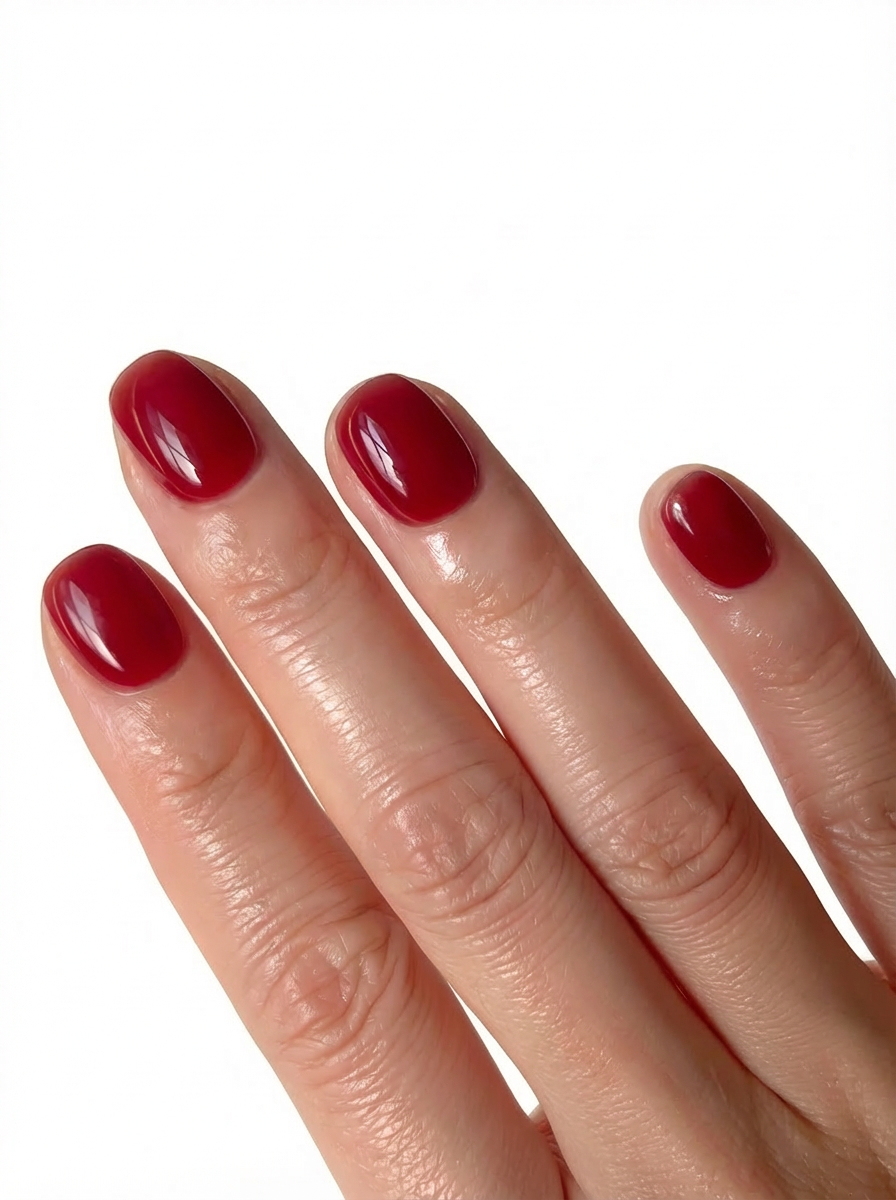 Hand with glossy red square press-on nails