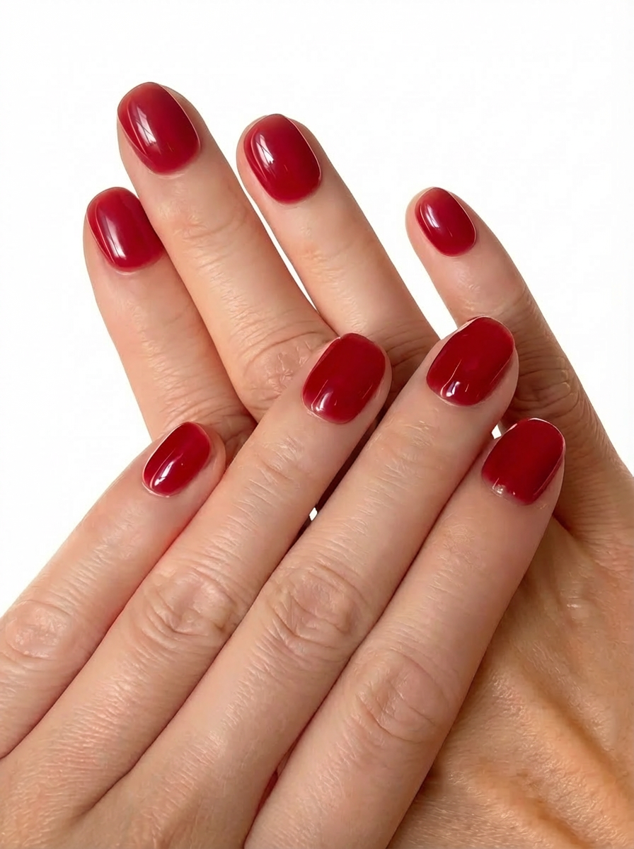 Classic glossy red press-on nails in a short square shape