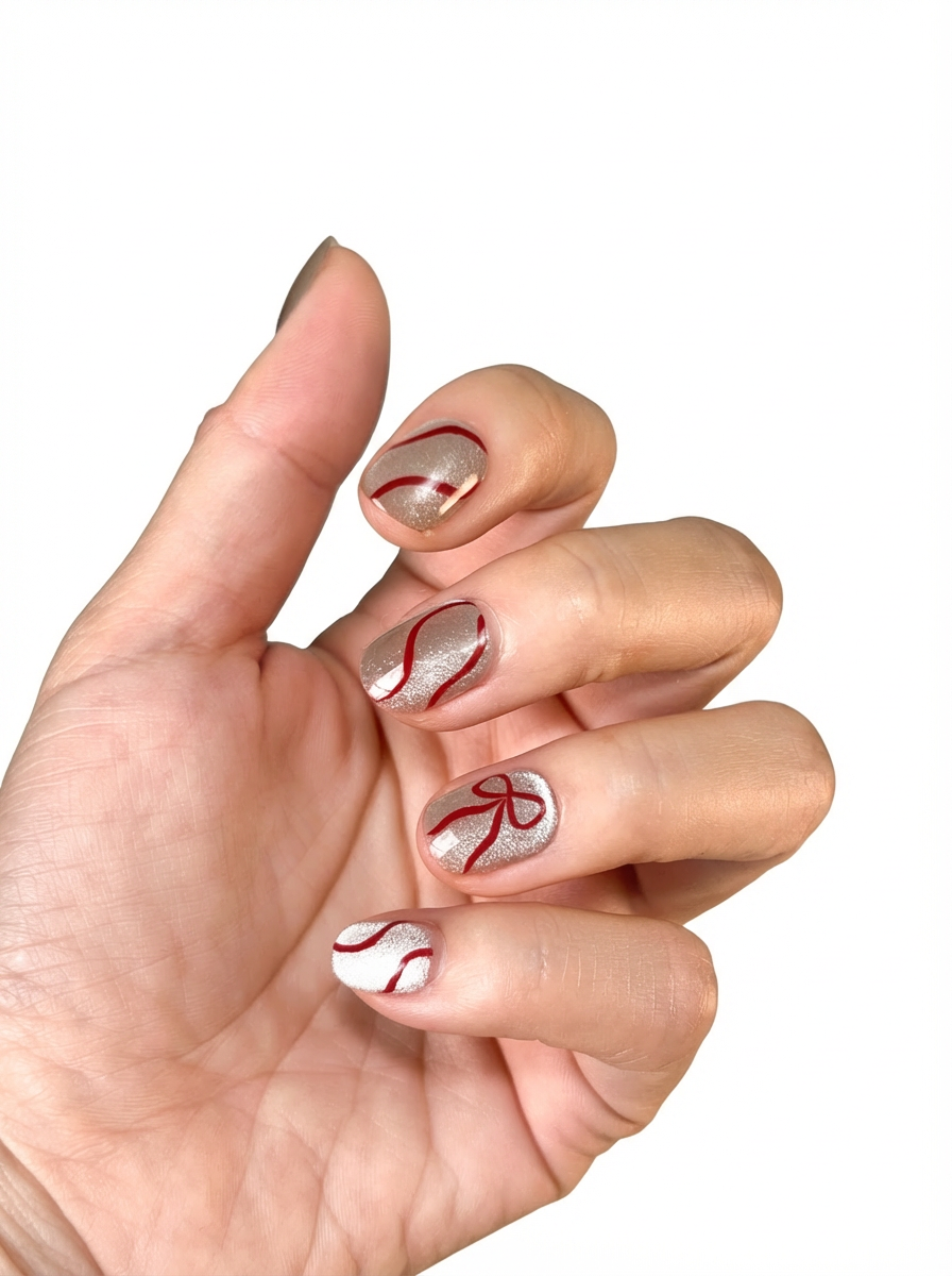 Ribbon Gleam Christmas press-on nails in silver-white shimmer with red ribbon lines and bow accents, shown in a close-up hand pose.