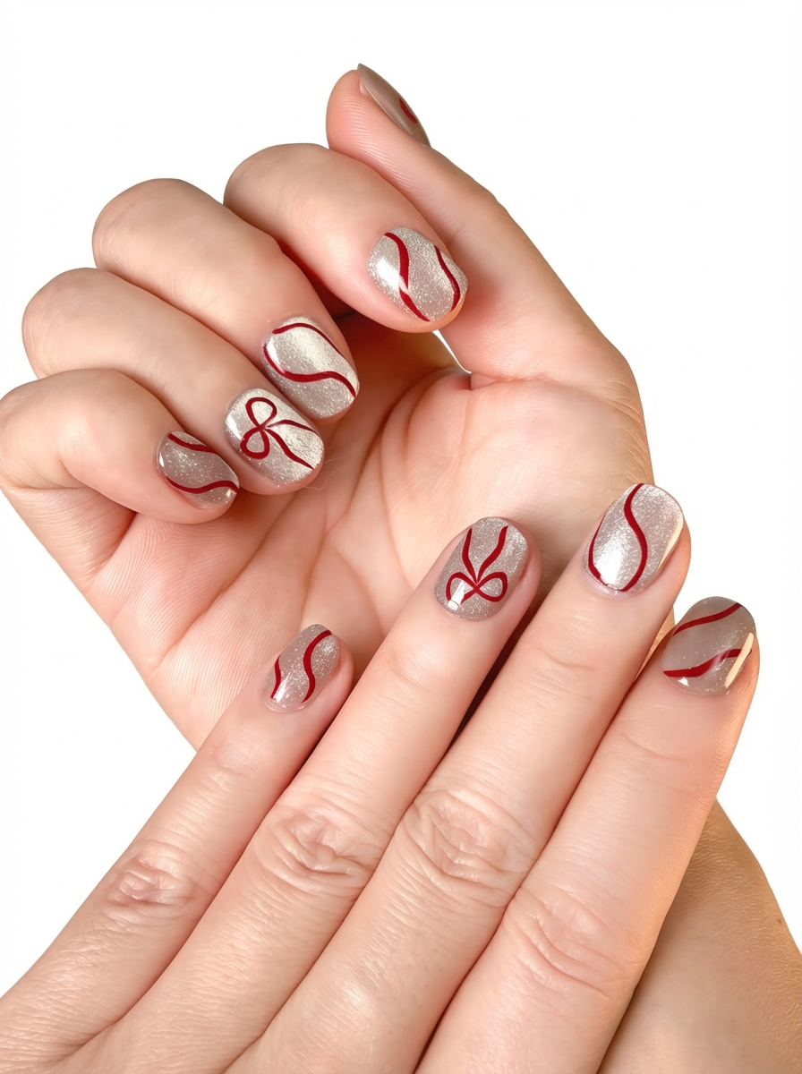 Ribbon Gleam silver-white Christmas press-on nails with red ribbon lines and hand-painted bow designs — festive holiday nail set for UK and Europe.