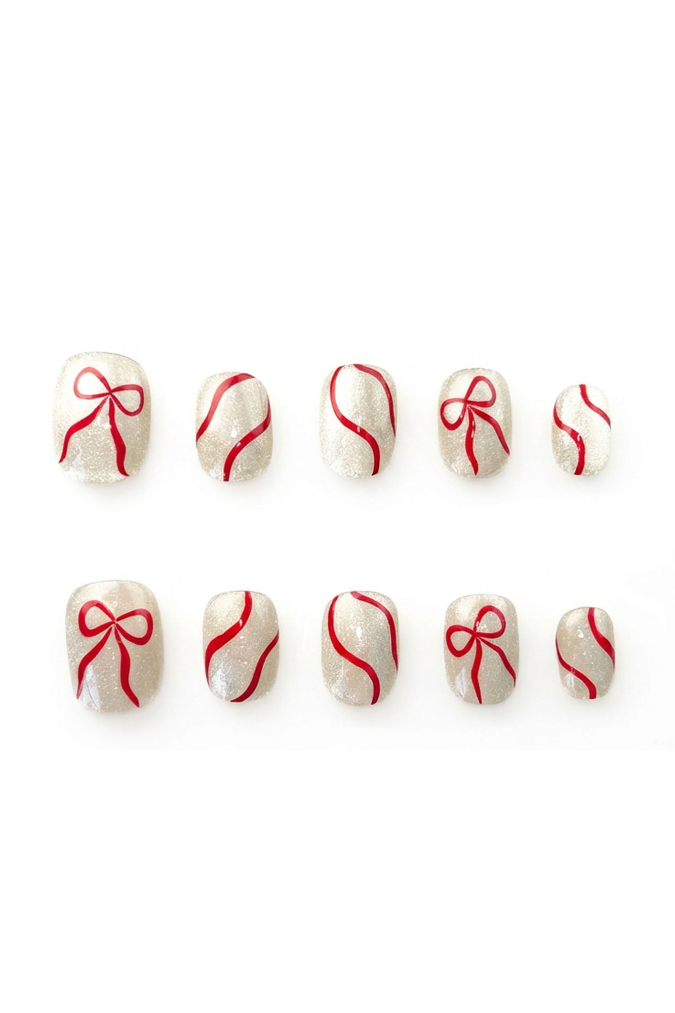 Ribbon Gleam silver-white Christmas press-on nails with red ribbon lines and hand-painted bow designs — festive holiday nail set for UK and Europe.