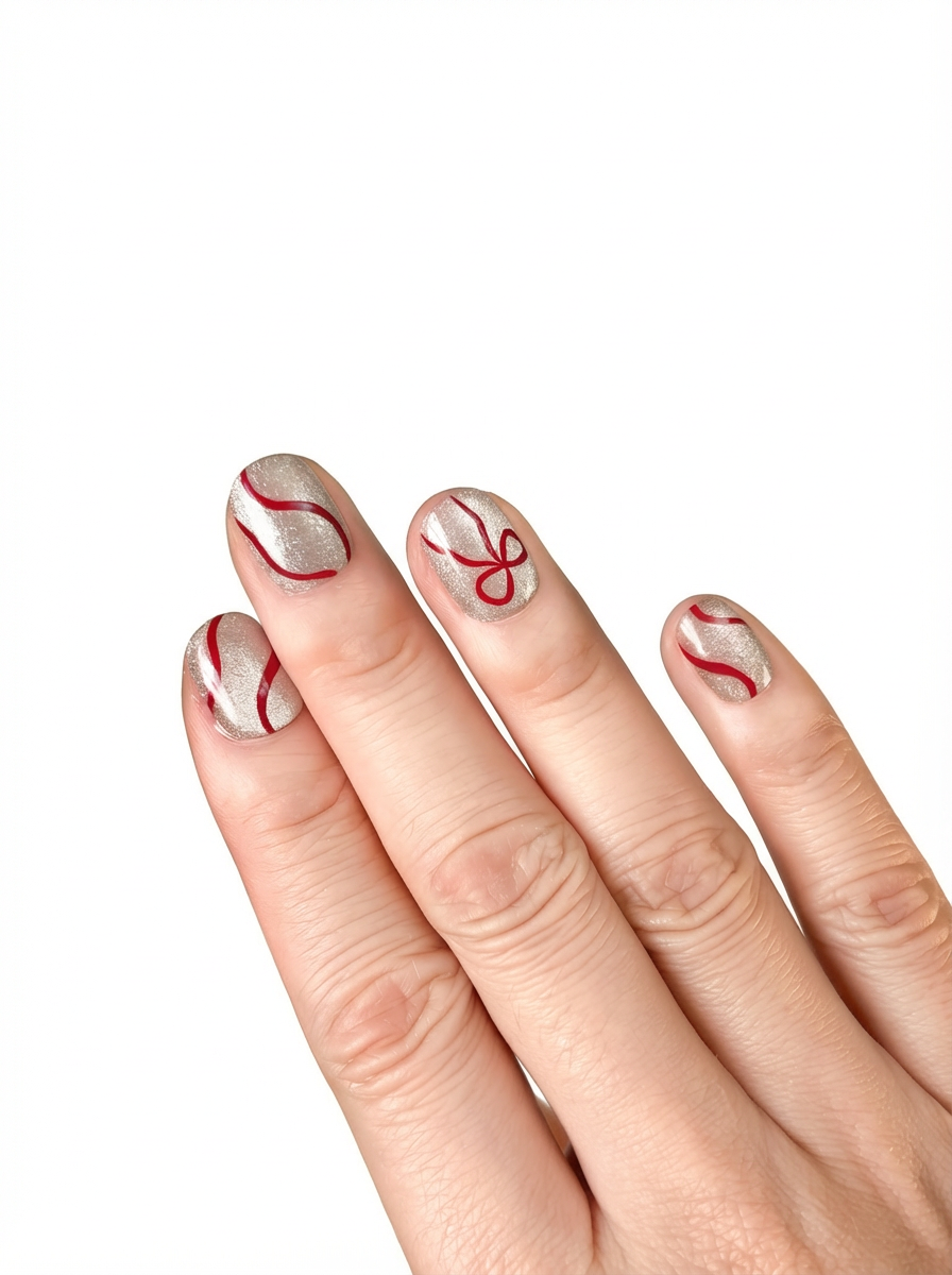Ribbon Gleam Christmas press-on nails in silver-white shimmer with red ribbon lines and bow accents, shown in a close-up hand photo.