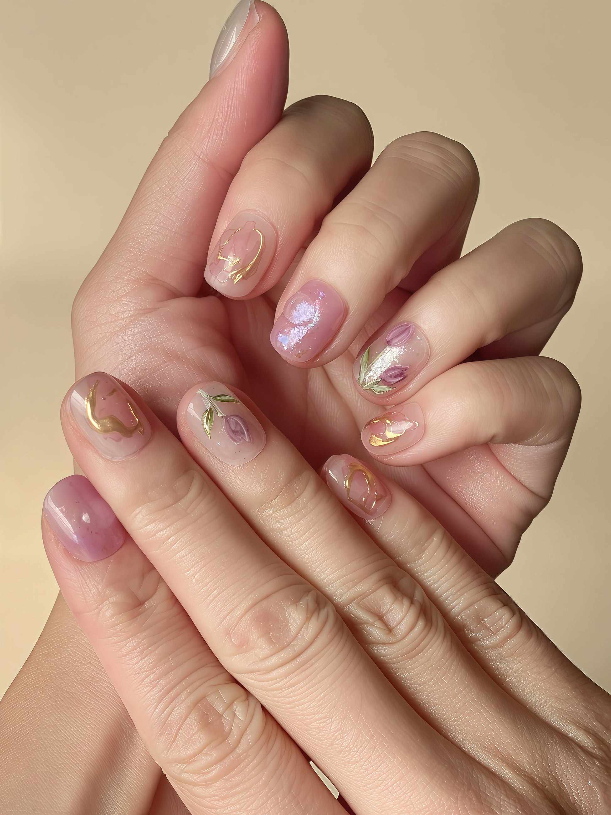 Hand shot wearing Tulip Reverie press-on nails featuring watercolor tulip petals and gold floral accents