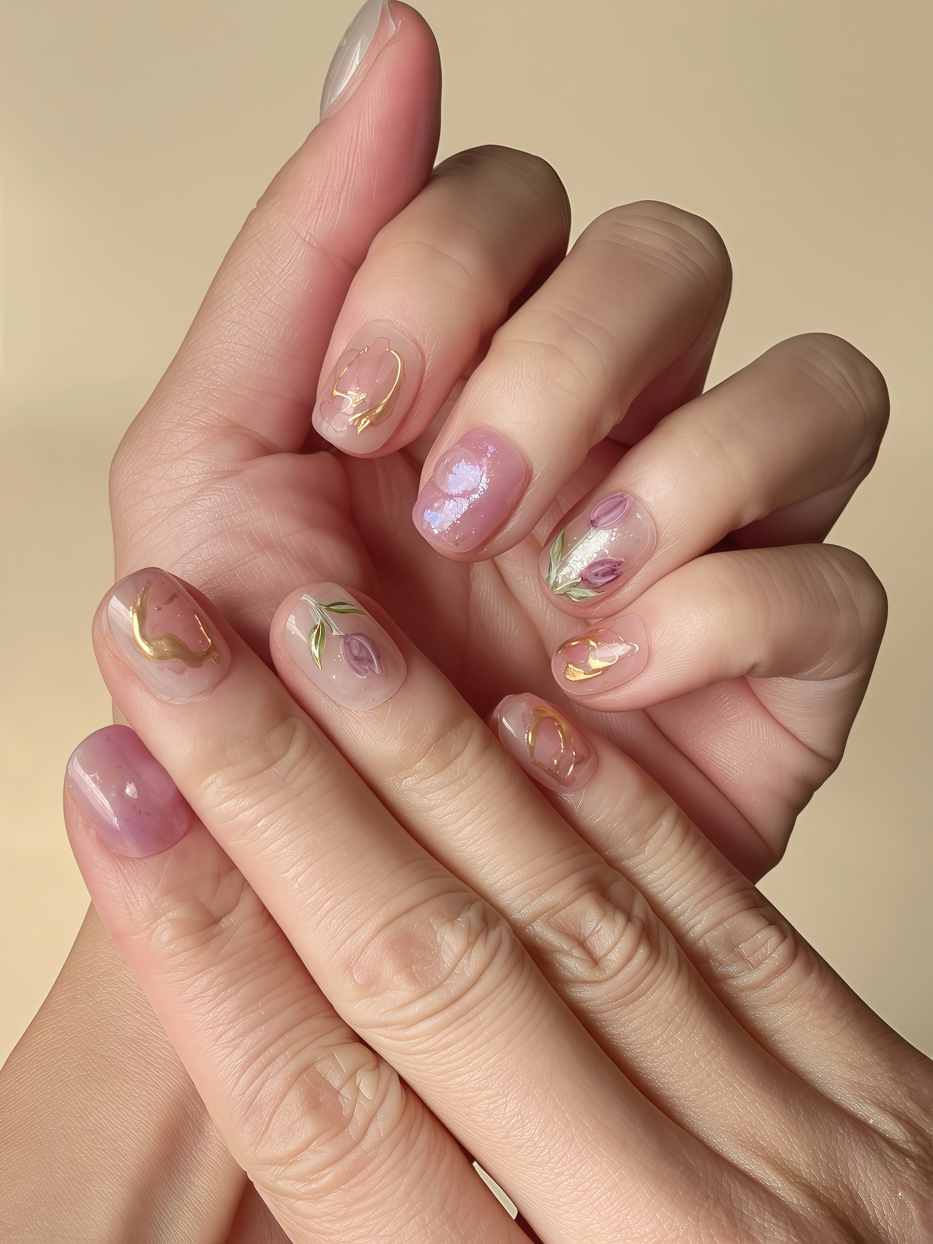 Hand shot wearing Tulip Reverie press-on nails featuring watercolor tulip petals and gold floral accents