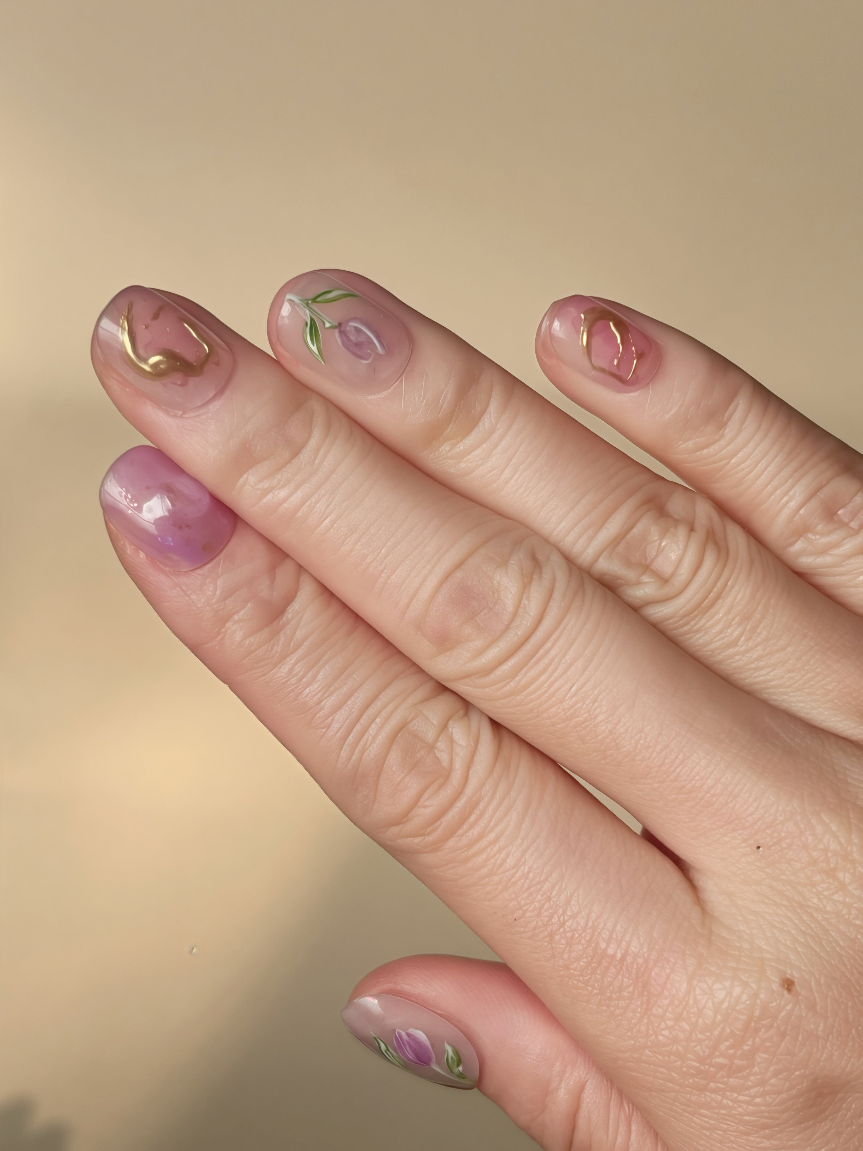 Close-up of Tulip Reverie press-on nails with pink-purple gradients and hand-painted tulip motifs