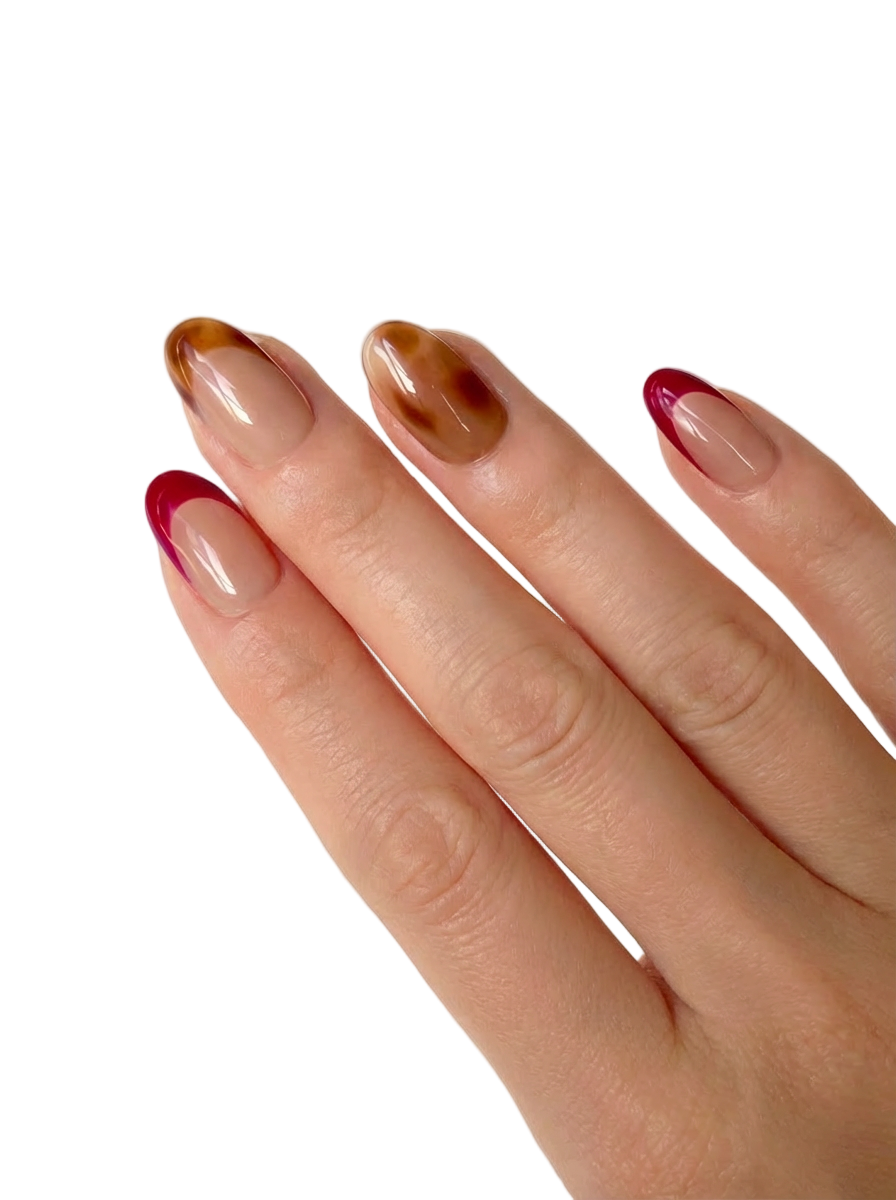 Velvet Wine press-on nails in 18mm oval length featuring wine-red French tips and soft brown leopard accents