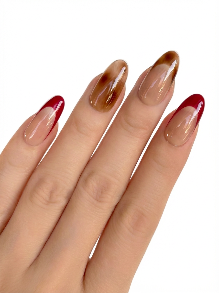 Velvet Wine 23mm press-on nails shown on hand, featuring wine-red French tips and brown leopard design.