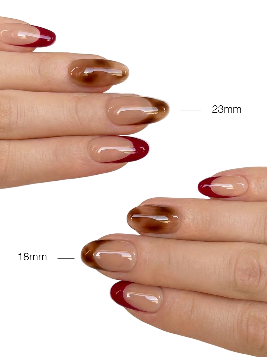Velvet Wine press-on nails size comparison showing 18mm and 23mm oval lengths with wine-red tips and leopard accents