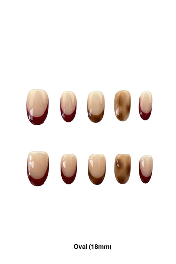 Velvet Wine press-on nails in 18mm oval length featuring wine-red French tips and soft brown leopard accents