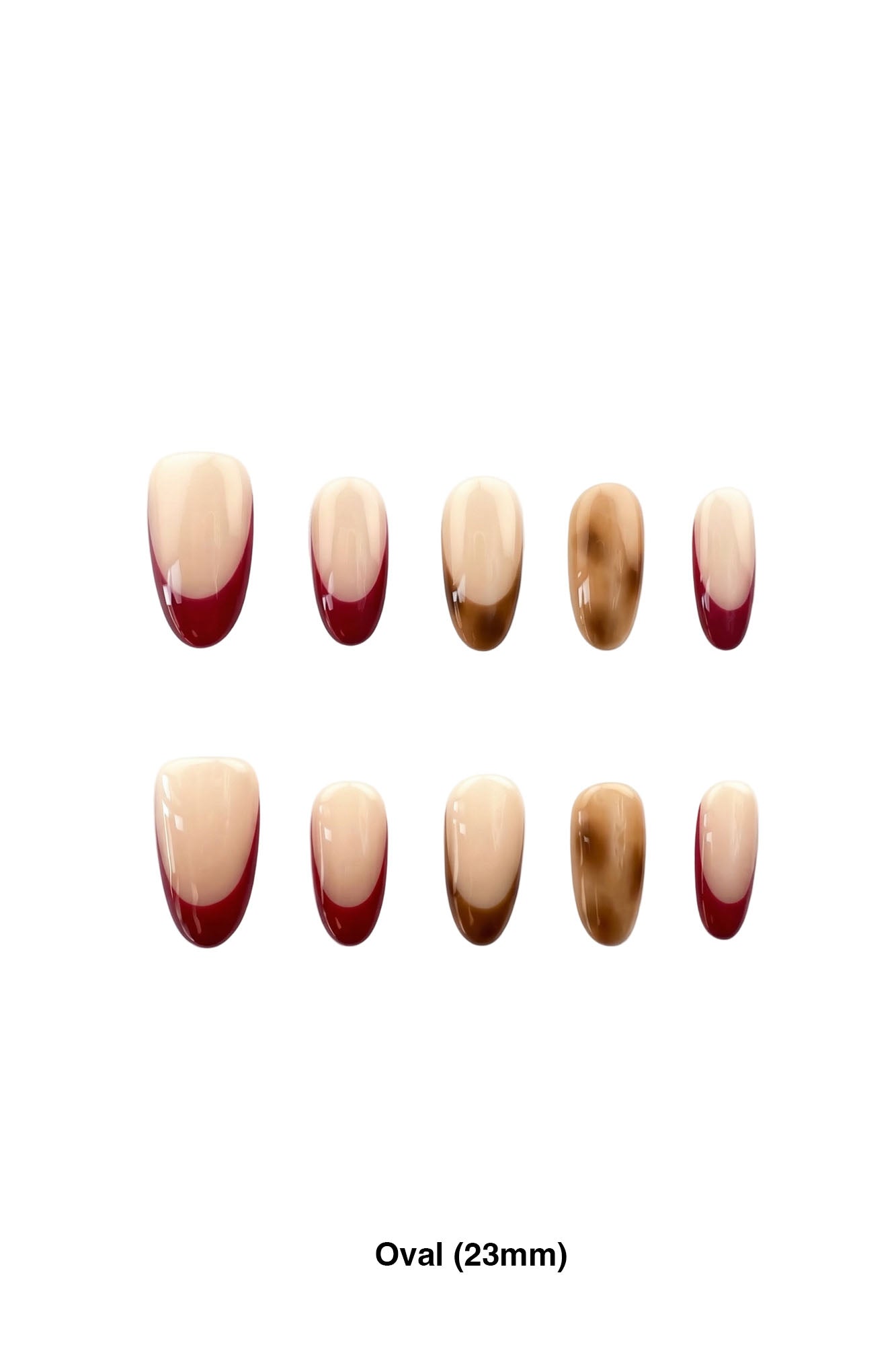 Velvet Wine press-on nails in 23mm oval length with nude base, wine-red French tips, and soft leopard accents
